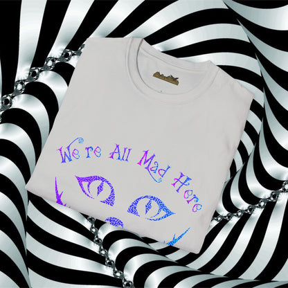 "We're All Mad Here" (Purple/Blue) Cheshire Cat Design - Unisex Softstyle T-Shirt